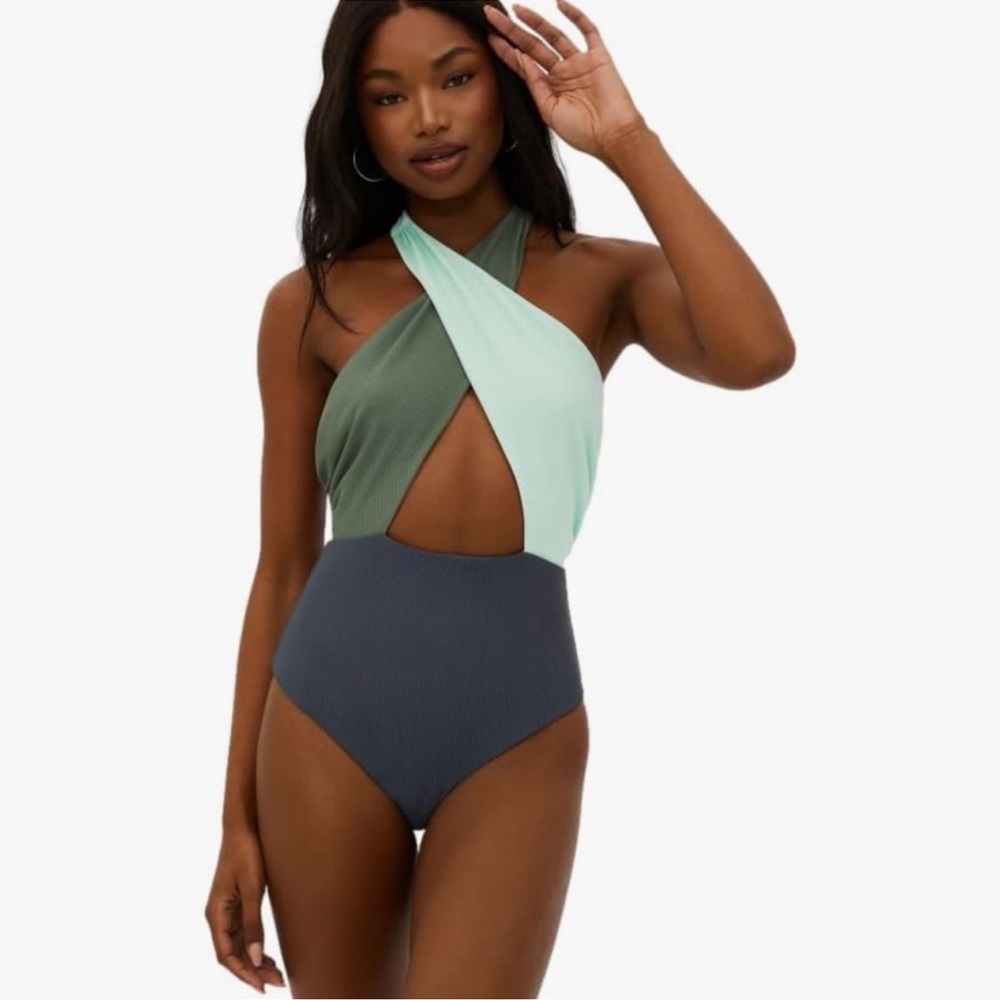 Beach Riot Green and Gray One Piece with Asymmetrical Cut size XS NWT